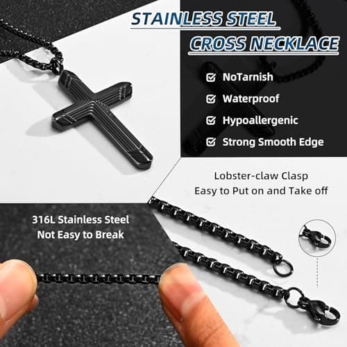 Stainless Steel Cross Necklace for Men, Silver Black gold plated Cross Pendant Jesus Necklace Chain, Non Tarnish Sturdy Mens Christian Jewelry Gifts for Him Baptism Confirmation Birthday, 24 Inch - Thumbnail 4