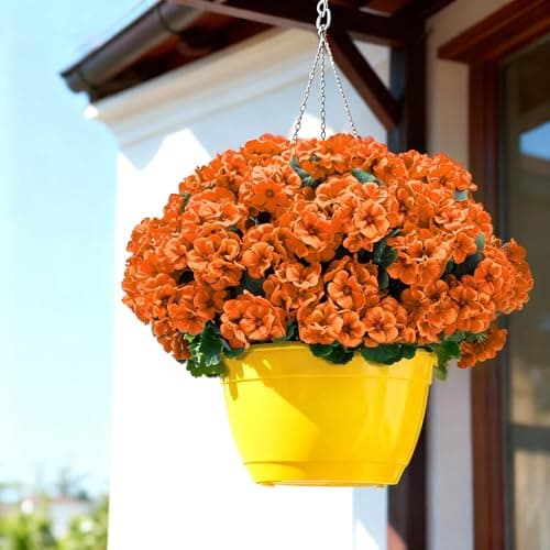 Karlliu Artificial Geranium Flowers for Outdoors: 12 PCS Realistic UV Resistant Faux Red Geranium Silk Flowers for Outdoor Planters Fade Proof Garden Fake Flowers Decor for Outside Porch - Orange - Thumbnail 3