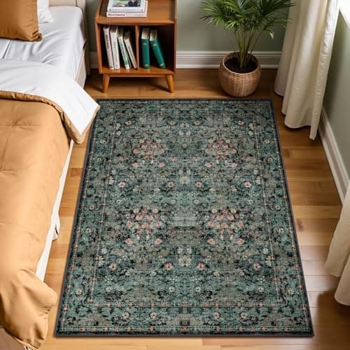 Large Moody 3x5 Rugs for Entryway Indoor, Dark Green Washable French Country Inspired Non Slip Area Rug for Dorm, Kitchen, Bedroom Bedside, Foyer, Laundry Room - Boho Distressed Floral Front Door Mat - Thumbnail 4