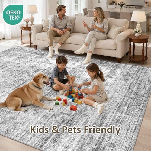 ELLIUNE Washable Area Rugs 8x10, Soft Large 8x10 Rugs for Living Room Non-Slip Vintage Black Grey Indoor Carpet Stain Resistant Rugs for Dining Room Bedroom Nursery Kid & Pet Friendly - Thumbnail 5