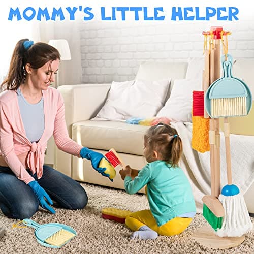 Wooden Kids Cleaning Set for Toddlers,8 Pieces Montessori Cleaning Toys with Kids Broom and Mop Set, Housework Pretend Play Toy Gift for Boys Girls Ages 3+ - Thumbnail 5