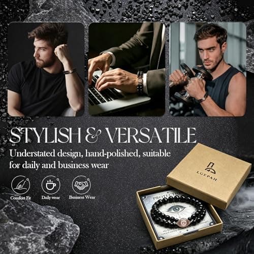 Evil Eye Bracelets for Men, 8MM Black Obsidian Lapis Lazuli Tiger Eye Stretch Beaded Protection Bracelet Guardian Jewelry Gifts with Meaning Card Meaningful Gift for Him (Birthday/Graduation/New Job) - Thumbnail 4