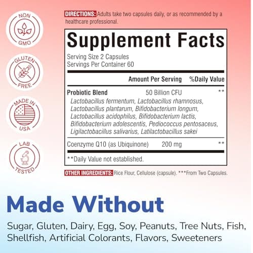 Vitalibre CoQ10 200 mg, with Probiotics for Women & Men, 50 Billion CFU, High Absorption Ubiquinone, Heart & Gut Energy Support, Powerful Antioxidant, Easy to Swallow, 120 Vegan Capsules - Thumbnail 2