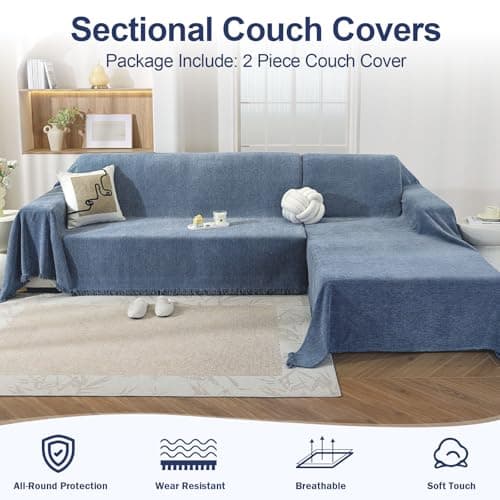 OstepDecor Sectional Couch Covers 2 Pieces, L Shaped Couch Cover Blanket, Sectional Sofa Cover Washable, Chaise Lounge Sofa Slipcovers Pet Furniture Protector for Dogs (71"x118"+71"x118", Blue) - Thumbnail 3