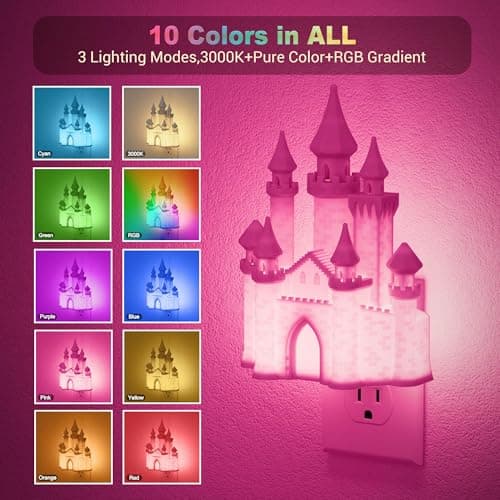 JandCase Night Lights Plug into Wall,3D Printed Castle RGB Night Light,2 Pack 10-Color Change Night Light,Dimmable Nightlights with Dusk to Dawn Sensor for Rooms Bathroom Hallway - Thumbnail 2