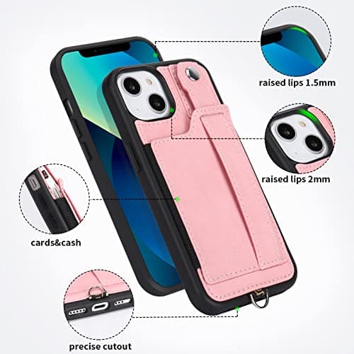TOOVREN Phone Cover for iPhone 14 Wallet Case with Card Holder PU Leather fits iPhone 14 Case Wallet with Stand Detachable Phone Lanyard Neck Strap Case for Women & Men 6.1-Inch Pink - Thumbnail 4