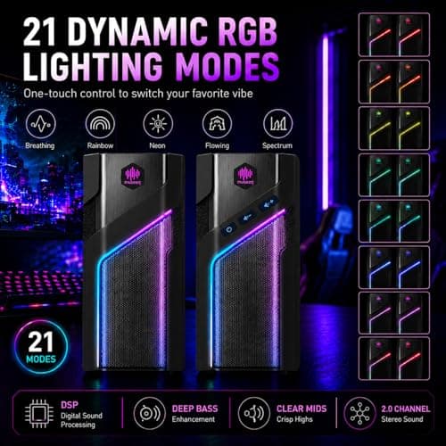 museeq W-206RE RGB Gaming Speakers for PC, Bluetooth & USB Desktop Speakers for Gaming PC and Monitor, Touch Control Stereo Computer Speakers with 21 LED Light Modes - Thumbnail 2