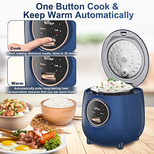 Bear Mini Rice Cooker 2 Cups Uncooked, 1.2L Portable Non-Stick Small Travel Rice Cooker, BPA Free, One Button to Cook and Keep Warm Function, Blue - Thumbnail 4