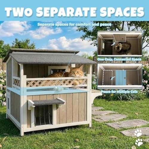 Pawbuilt Outdoor & Indoor Wooden Cat House, Weatherproof Two-Story Cat Shelter, Enclosed Multi-Level Cat Home for Cats - Thumbnail 2
