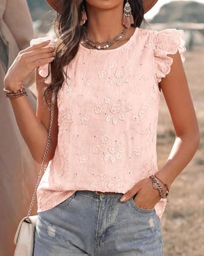 KIRUNDO Blouses for Women Dressy Casual Lace Ruffle Cap Sleeve Tops 2026 Summer Eyelet Floral Embroidered Cute Boho Shirts(Pink, Large) - Thumbnail 5
