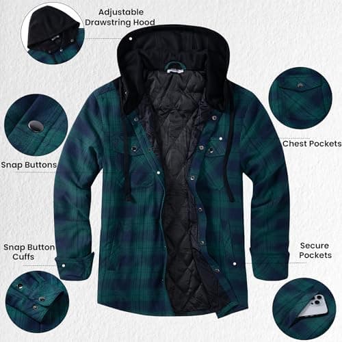 COOFANDY Flannel Jackets for Men Lined Quilted Plaid Shirt Jacket Cotton Hoodie Warm Shacket Winter Coat XXL 2XL - Thumbnail 5