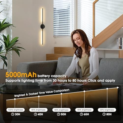 AHAWILL Battery Operated Wall Sconces Set of Two with Remote,Stepless 3CCT Dimmable, USB Rechargeable Wireless Wall Lamp,360°Rotate Wall Lights for Bedroom,43.3inch(Two Pairs of Batteries) - Thumbnail 6