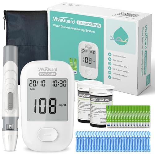 VivaGuard Talking Blood Glucose Monitor Kit, 100 Glucometer Strips & 100 Lancets, 1 Blood Sugar Monitor, 1 Lancing Device, Diabetes Testing Kit for Seniors and Home Use with Travel Case, No Coding - Image 1