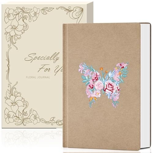 MINICAGIE Embroidered Fabric Journal for Women A5 Hardcover College Ruled Notebook with Gift Box Butterfly Floral Journaling Notebooks for Writing, 5.7 x 8.3 In,