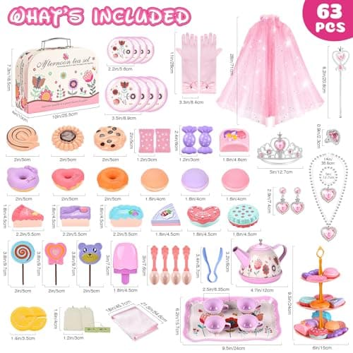 Tea Party Set for Little Girls, 63Pcs Pretend Play Toys, Princess Dress Up Tea Time, Tin Tea Sets for Toddlers 3-5 6 with Dessert, Carrying Case, Kids Kitchen Playset, Birthday Gift for Toddler Girls - Thumbnail 3