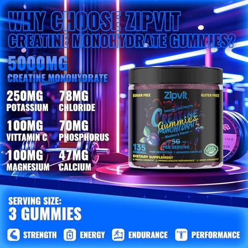 zipvit Creatine Monohydrate Gummies (5g) – Pre-Workout Energy & Muscle Growth Support for Men & Women | Blueberry Electrolyte Gummies (135 Count) - Thumbnail 2