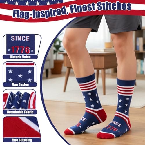 COZYMATE Funny Novelty American Flag Socks for Men Patriotic Merch Gifts for 250th Anniversary 4th of July Independence Day (US, Alpha, One Size, Regular, Regular, Red&Blue) - Thumbnail 4