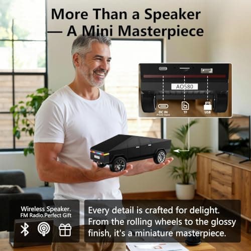 AONOX Cybertruck Bluetooth Speaker for Car, Mini Wireless Speaker with LED Lights, FM Radio, USB/TF Card, TWS Stereo, Desk Gaming Outdoor Use, Gift for Car Lovers - Thumbnail 6