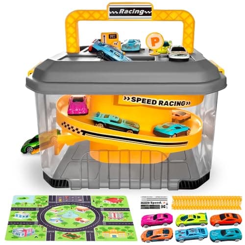 Toy Car Track Storage Playset - Car Toys Race Set Including 12 Diecast Cars, PlayMat, Race Tracks, Car Ramp, Kids Birthday Gift Toys for 2 3 4 5 Year Old Boys 1-3 2-4 Toddlers - Image 1