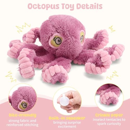 PETSWEET Squeaky Dog Toy for Puppy Teething, Plush Octopus Dog Toy, Puppy Chewing Toy, Soft Stuffed Chew Toys for Small Dogs Training and Keep Them Busy, Pink - Thumbnail 5