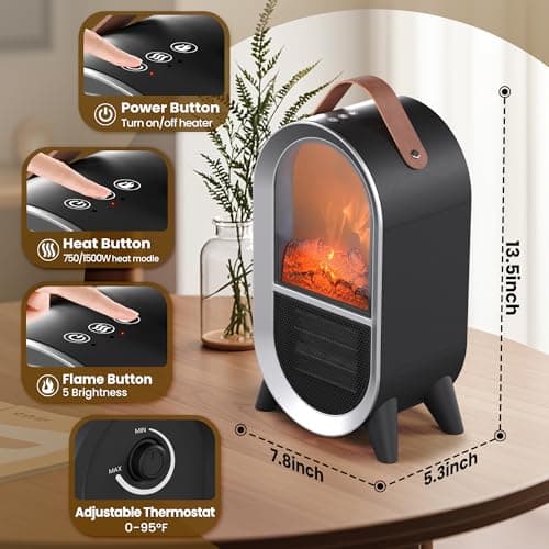 Riseon Portable Electric Fireplace Heater, 1500W/750W Mini Space Heater for Indoor Use with 3D Flame, Thermostat, Carry Handle, Overheat & Tipover Protection, for Home Office Bedroom Desk, Black - Thumbnail 5