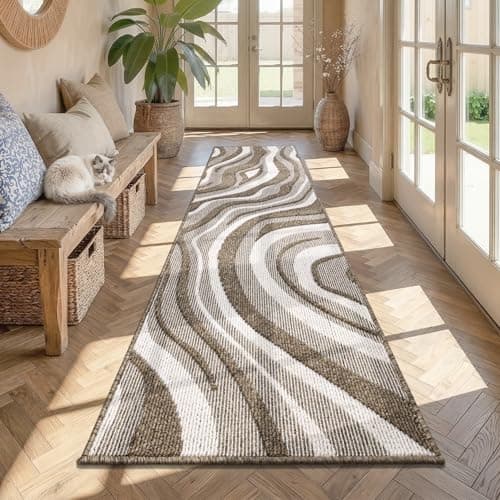 Yamaziot Washable Hallway Runner Rug 2x8 – Non Slip Modern Abstract High-Low Textured Kitchen Runner Rug, Boho Carpet Runner for Kitchen, Entryway, Bedroom, Laundry, Hallway, Beige Brown & White - Image 1