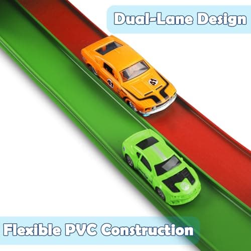 Flex Tracks 15 Ft Starter Set, Flexible Race Track for Kids 3+ with Strong Suction Cups, Flexible Car Track Race Car Ramp Track Compatible with 1/64 Diecast Cars, Portable Rolls Up Race Tracks - Thumbnail 2