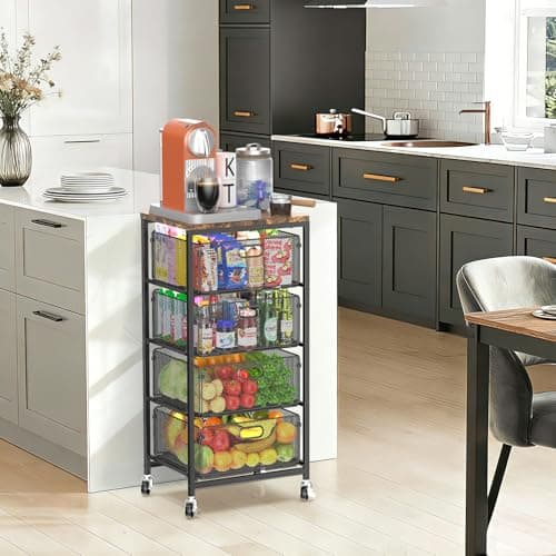 SUNALLY Rolling Kitchen Cart with Drawers, 4-Tier Utility Cart Fruit Vegetable Storage Cart with Lockable Wheels, Wooden Top Metal Kitchen Storage Organizer for Cans, Snacks, Beauty, Craft, Art, Black - Thumbnail 5