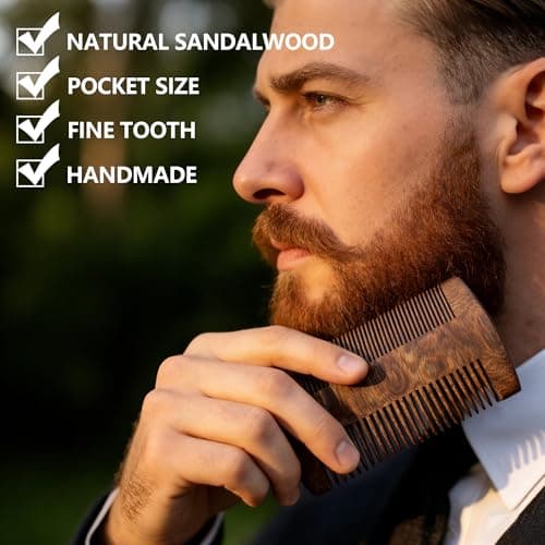 YAKUNCL Handmade Black Sandalwood Beard & Mustache Comb for Men, Double-Sided Fine Tooth Wooden Beard Comb with PU Leather Case, Wooden Pocket Comb for Scalp Massage & Beard - Thumbnail 2