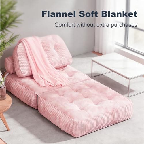 NESLAKO Folding Sofa Bed, Flannel Futon Couch Bed with Pillow and Blanket, Convertible Sleeper Chair for Living Room Bedroom, Pink - Thumbnail 5
