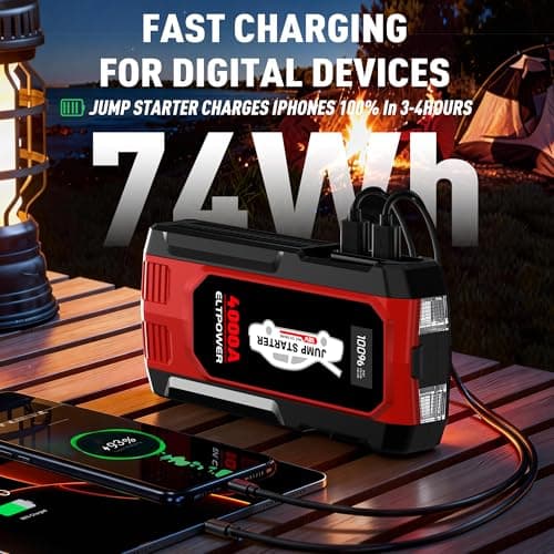 4000A Car Jump Starter Portable Jump Box Battery Booster Pack with Jumper Cables and LED Light Upto 8L Gas and 7L Diesel Engines - Thumbnail 2