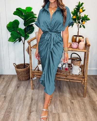BTFBM Shirt Dresses for Women Spring Button Short Sleeve Silk Satin Ruched Maxi Summer Dress 2026 Cocktail Party Wedding(Blue Green, Small) - Thumbnail 3