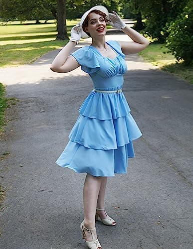 Women's Vintage Light Blue Sun Dress 2026 Summer Short Sleeve Tiered Ruffle Layered A-line Swing Bridal Shower Dress 2XL - Thumbnail 2