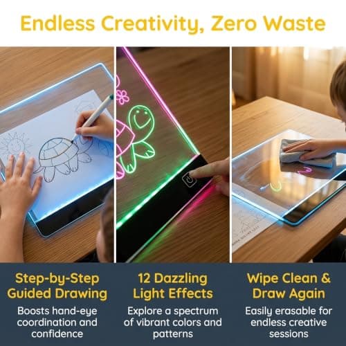 Led Drawing Board for Kids Doodle Board & Adults Message Board w 7 Dry Erase Markers Home Office Supplies and Back to School Supplies,6 Led Lights, Writing, Drawing Tablet & Tracing Paper - Thumbnail 5