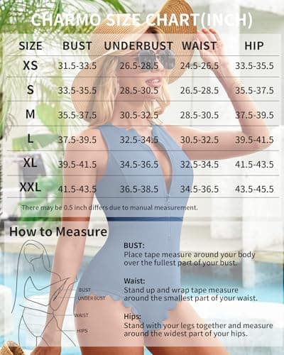 Charmo Womens One Piece Swimsuits Zipper Front Swim Suit Ribbed 1 Piece Bathing Suits High Neck Swimwear Monokini Blue XL - Thumbnail 6
