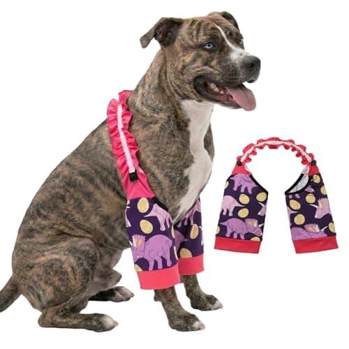 LovinPet Front Leg Sleeves for Medium and Large Dogs, 4-Way Stretch Elbow Protection, Anti-Lick Recovery, Warmth and Callus Prevention, Pair, Dinosaur Print, Yellow Purple,3XL