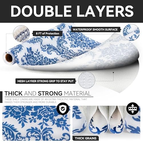 RAY STAR 18" x 8 Ft Shelf Liner for Kitchen Cabinets, Non-Adhesive Cabinet Liner Washable, Drawer Liner for Dresser Non-Slip Bathroom [Blue Damask] - Thumbnail 5