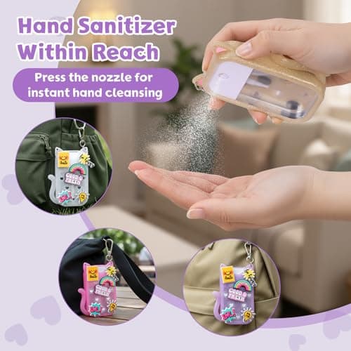 FunisFun Glitter Silicone Holder Case Compatible with Hand Sanitizer Spray 1 Fl. OZ., Adorable Cat-Shaped Keychain with 6 Charms (Purple) - Thumbnail 6