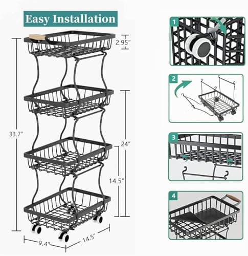 MJIMKE 4-Tier Vegetable Fruit Basket for Kitchen, Rolling Pantry Floor Organizer and Storage Cart with Wheels, Stackable Wire Product Basket Stand Potato Onion Bins Snack Rack for Pantry - Thumbnail 5