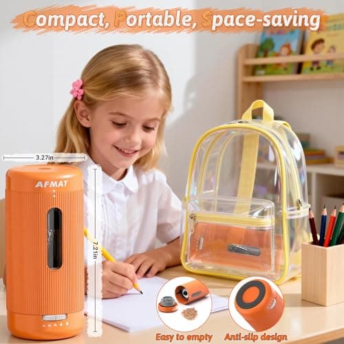 AFMAT Electric Pencil Sharpener, Auto in & Out, 5 Nibs, 7K+ Uses, Fully Automatic Pencil Sharpener for Classroom, Rechargeable Hands-Free Sharpeners for Jumbo/Colored Pencils (φ6.5-12mm) PSC3(Orange) - Thumbnail 6