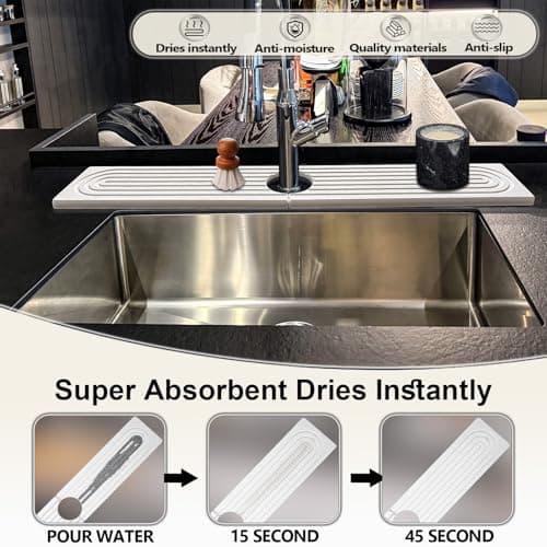 Stone Faucet Mat For Kitchen Sink, 23.6" Diatomite Quick Drying Stone Mat For Kitchen Sink, Sink Splash Guard, Super Absorbent, Sink Stone Quick Dry Around Faucet For Bathroom Counter (White) - Thumbnail 2