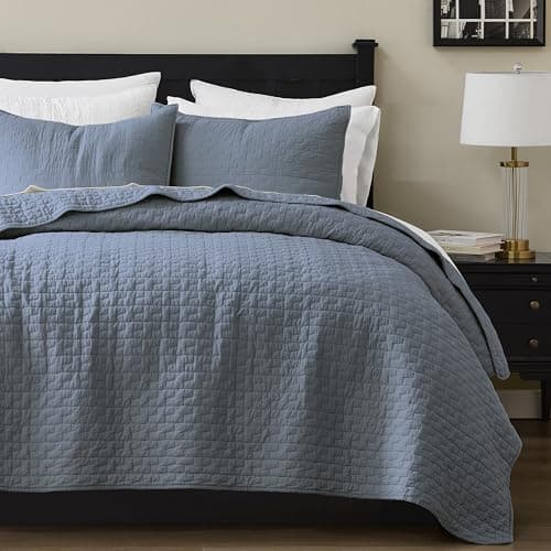 palassio Blue Grey 100% Cotton Quilt Twin Size Bedding Sets with 1 Pillow Sham, Textured Lightweight Soft Bedspread Shabby Chic Coverlet, Quilted Comforter Bed Cover for All Season, 2 Pieces - Image 1