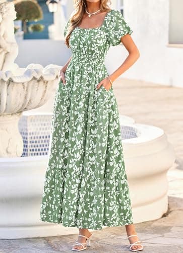 BTFBM Summer Dress for Women 2026 Spring Floral Short Sleeve Casual Flowy A-Line Smocked Tiered Maxi Dresses Pockets(Floral Green White, XX-Large) - Thumbnail 4