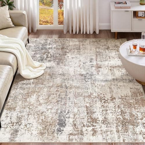 UERMEI Area Rug Living Room Rugs - Washable Neutral Modern Abstract Soft Thin Rug Indoor Floor No Slip Rug Carpet for Bedroom Under Dining Table Home Office Decor - Brown/Grey/Red - 5x7 - Image 1