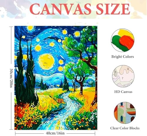 igoodom Paint by Numbers Kit for Adults, Starry Night Adult Paint-by-Number on Canvas, DIY Acrylic Painting Set for Home Decor Gift 16x20inch - Thumbnail 4
