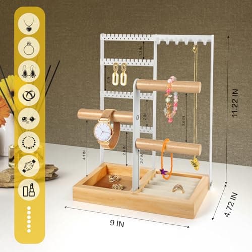 Godboat Jewelry Organizer, 4-Tier Earring Holder Organizer with 48 Holes, 6 Hooks Necklace Rack, Bracelet and Ring Stand with Wood Box, Gifts for Mothers Mom Women, Preppy Stuff & Room Decor, (White) - Thumbnail 3
