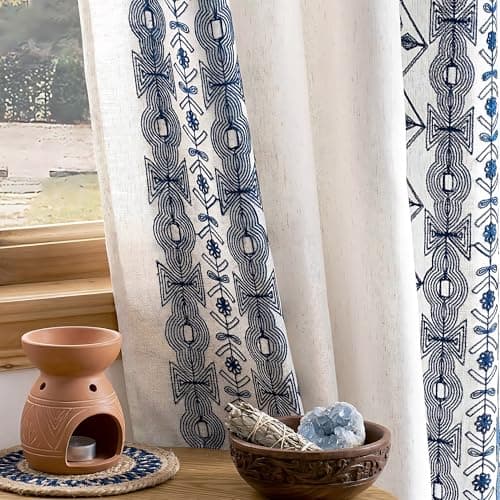 NICETOWN Navy Blue and Cream Boho Curtains 102" Long, Embroidered Linen Textured Floor to Ceiling Drapes with Antique Bronze Grommets, Light Filtering Window Treatment for Living Room, 2 Panels - Thumbnail 2