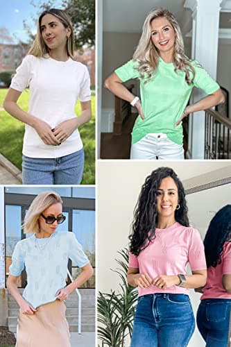 Arach&Cloz Women's Fashion Spring Summer Tops 2026 Short Sleeve Sweater Crew Neck Knit Pullover Dressy Easter Shirt Business Casual Work Outfits White S - Thumbnail 4