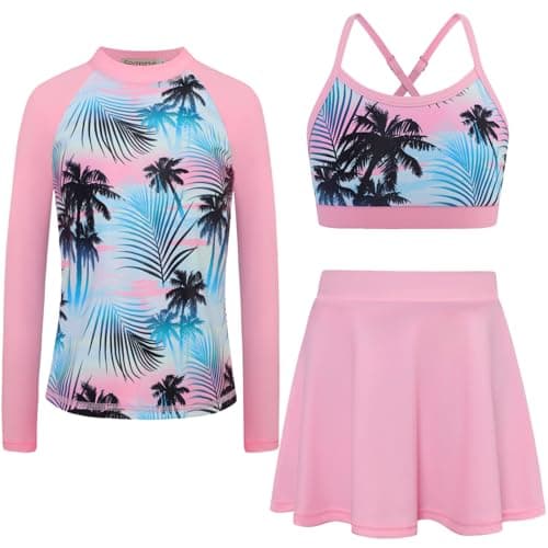 Kids' Swimwear Rash Guard for Girls Swimsuit Size 6 Long Sleeves Swim Shirt Sun Protection Pink - Image 1
