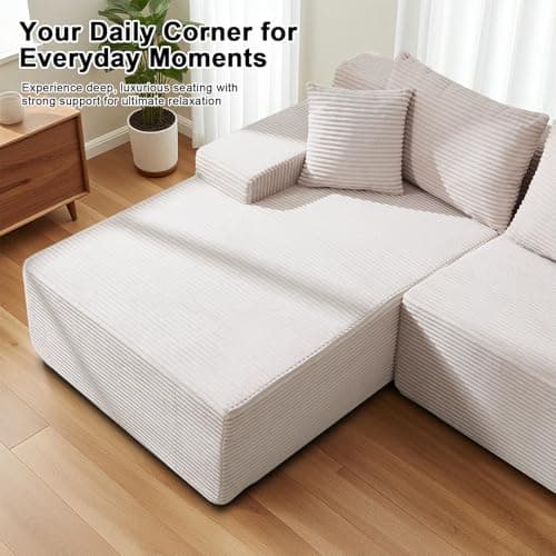 105" Cloud Modular Sectional Couch with L-Shape Chaise, Upholstered Corduroy Couches for Living Room, No Assembly Required Deep Seat Boneless Sofa (Beige, Left Facing Chaise) - Thumbnail 5